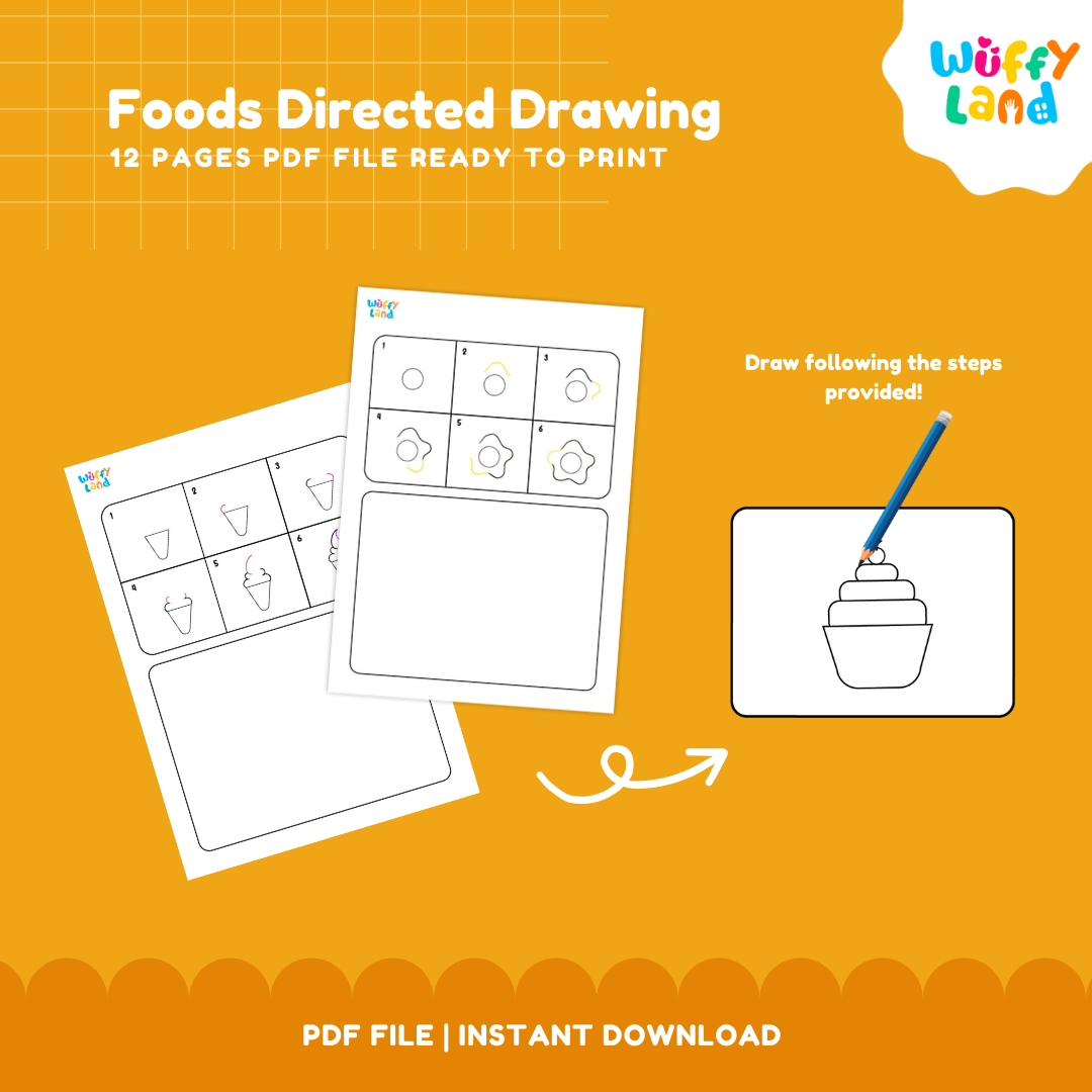 Twelve-page foods directed drawing activity worksheets arranged for kindergarten art centers, primary drawing stations, and homeschool rooms 🏫✨