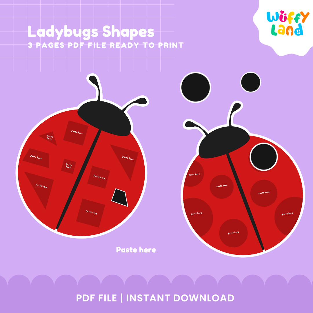 Three-page printable ladybug geometric shape sorting craft set arranged for kindergarten morning bins and Montessori math shelves 🏫✨