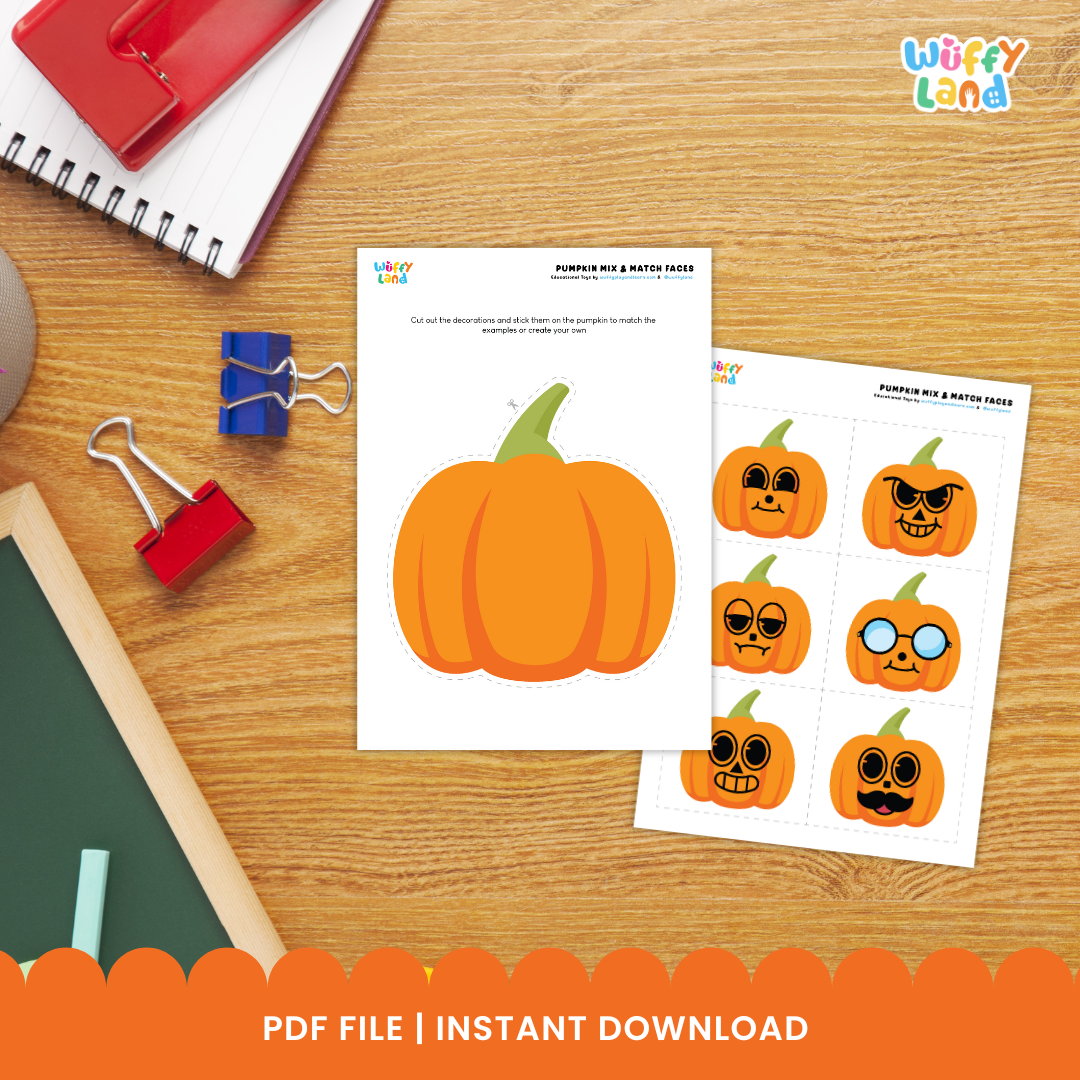A collection of printable Halloween-themed activity sheets for children. The set includes cut-out facial features like eyes, mouths, sunglasses, and mustaches, along with blank pumpkin outlines and sample decorated pumpkins. One sheet features large pumpkins for coloring, and another includes green stems to attach. Designed for creative mix-and-match fun, perfect for seasonal crafts and classroom activities.