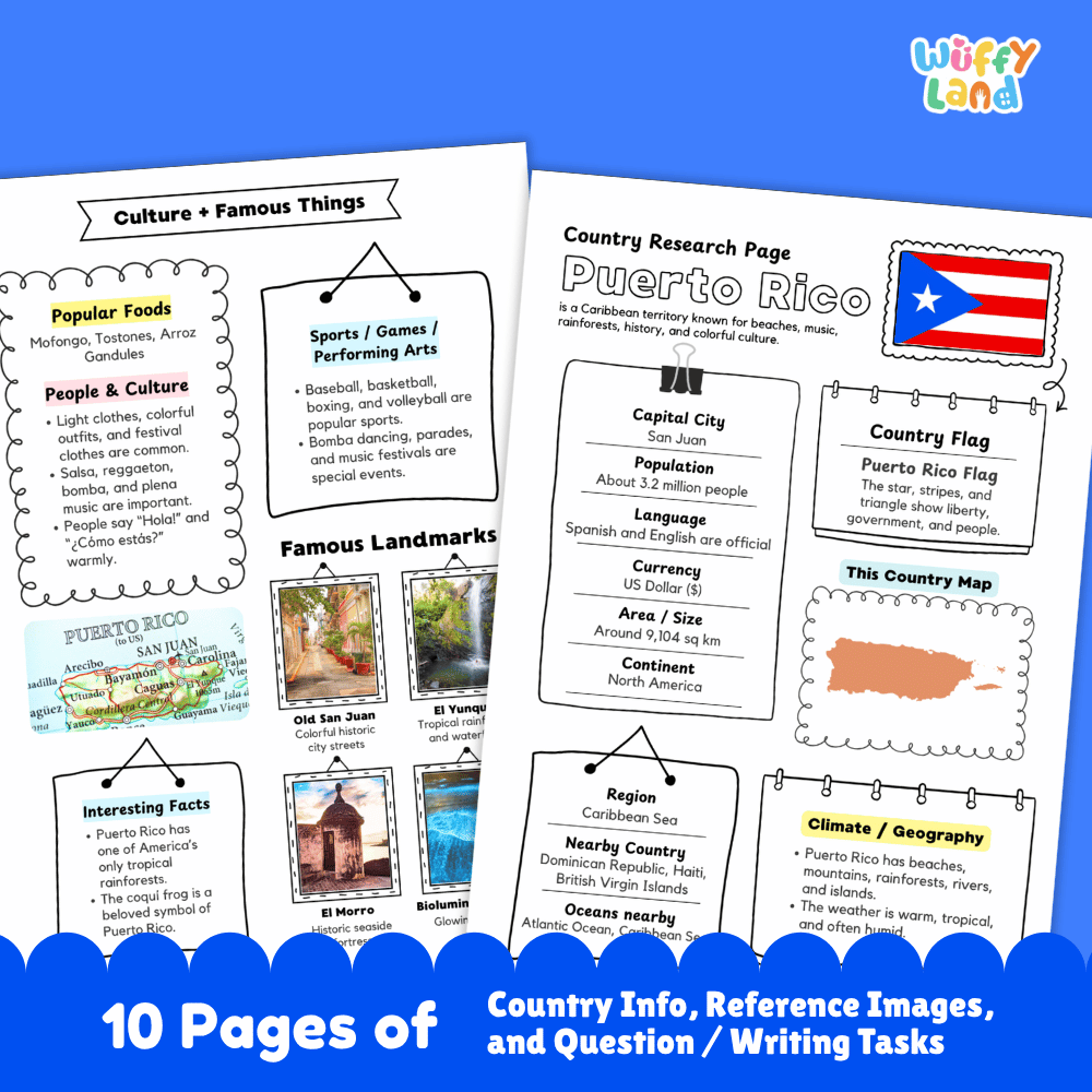 Puerto Rico Country Research Project Worksheets and Activity Pages