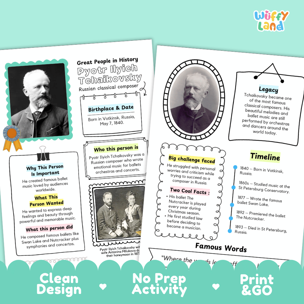 Educational poster set about Russian classical composer Pyotr Ilyich Tchaikovsky, featuring printable activity sheets with text boxes, timelines, and fact sections on a white background with decorative pastel headers.