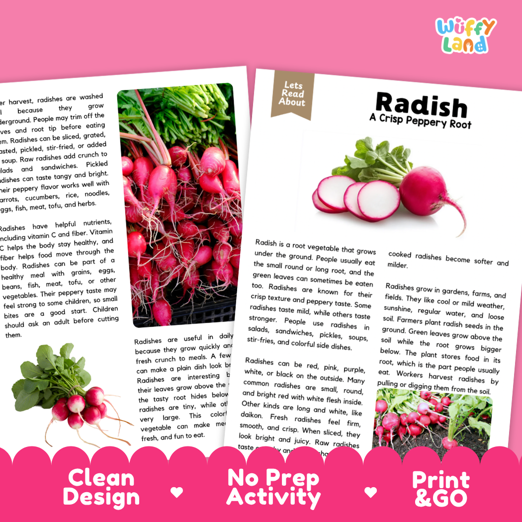 Teacher answer key page showing complete question solutions for radish reading comprehension practice