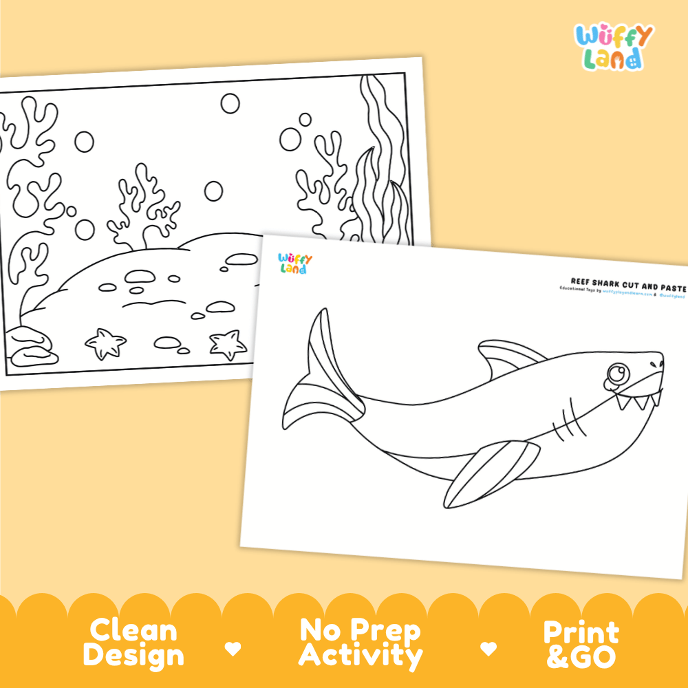 Reef Shark Cut and Paste Craft and Coloring Activity Worksheets