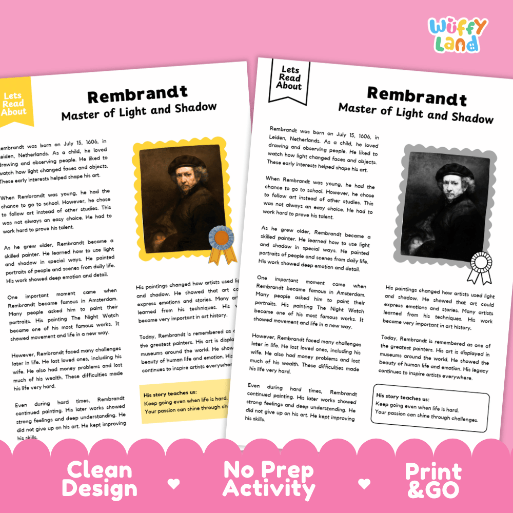 Rembrandt art history reading comprehension activity with artist biography, questions and writing practice for classroom and homeschool learning