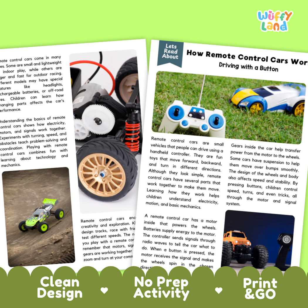 Complete teacher answer key worksheet providing detailed model responses for remote control car comprehension questions