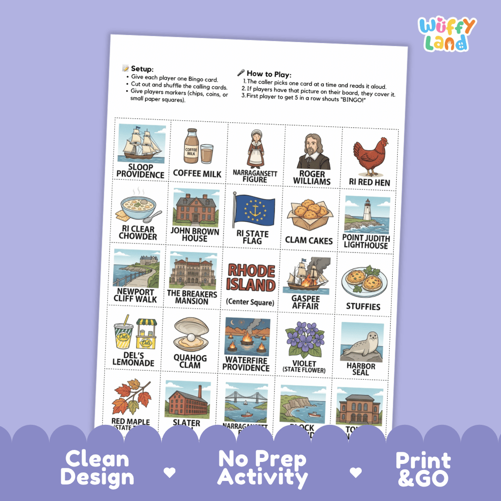 Rhode Island Geography BINGO Game Ocean State Activity Printable Boards