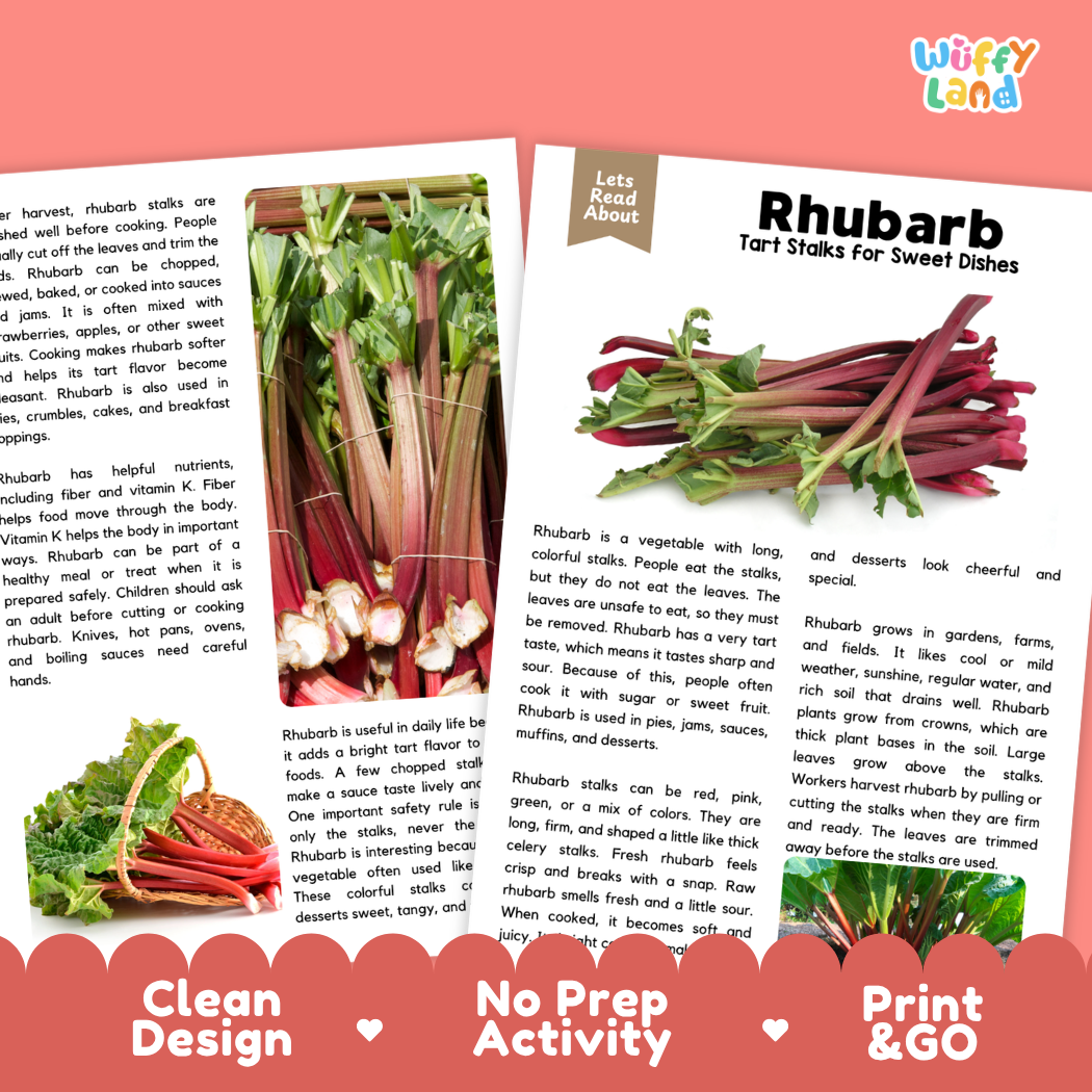 Teacher answer key page showing complete question solutions for rhubarb reading comprehension practice