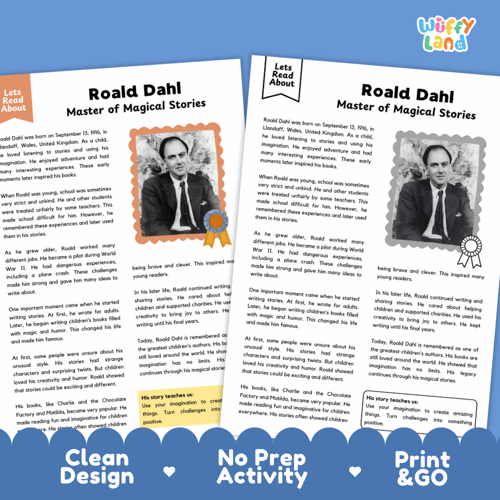 Two printable educational worksheet pages about Roald Dahl, shown on a white background with a blue banner at the bottom reading 'Clean Design No Prep Activity Print & Go' and the Wuffly Land logo in the top right.
