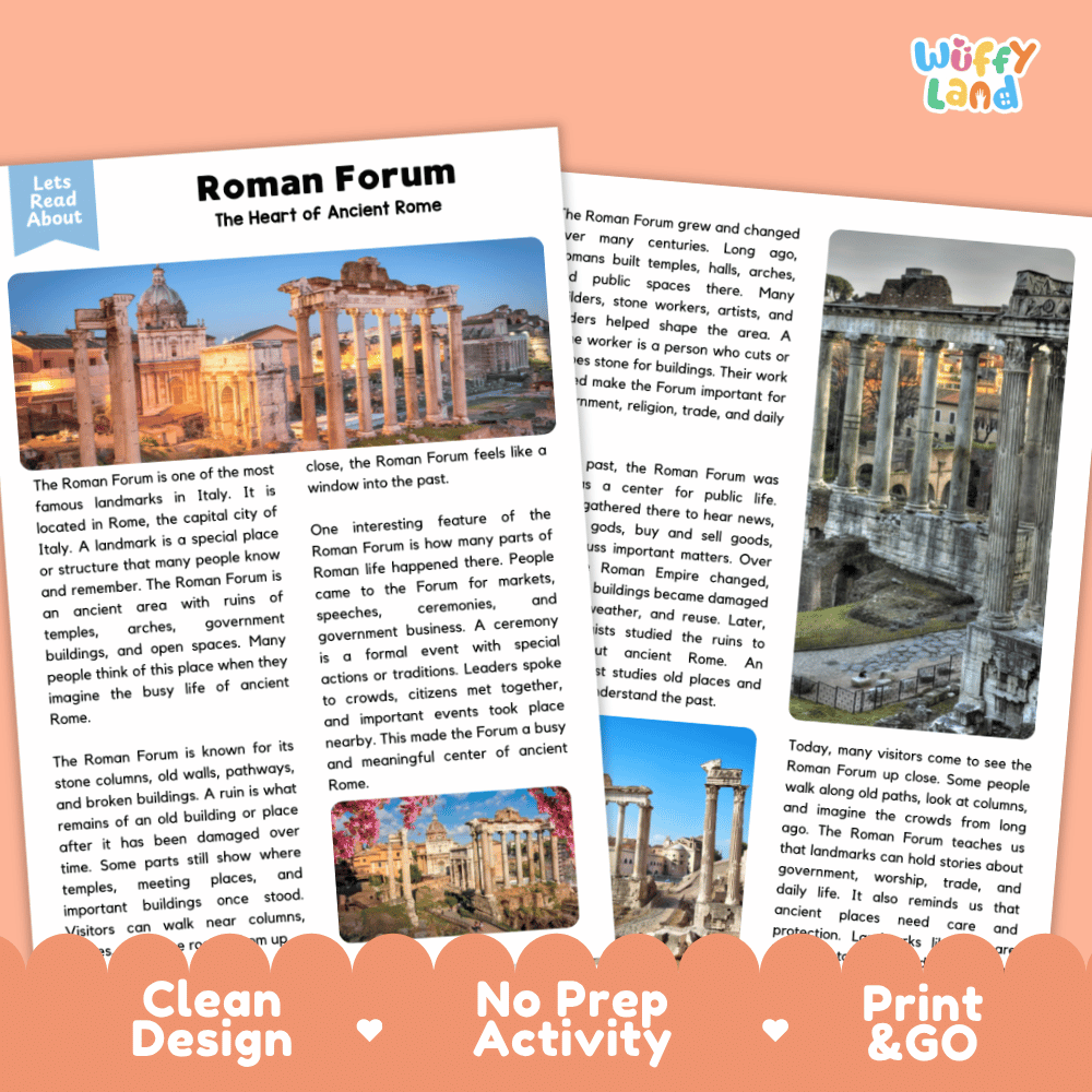 Reference sheet and answer key for Roman Forum landmark reading passage displaying completed comprehension answers and ancient Rome history facts