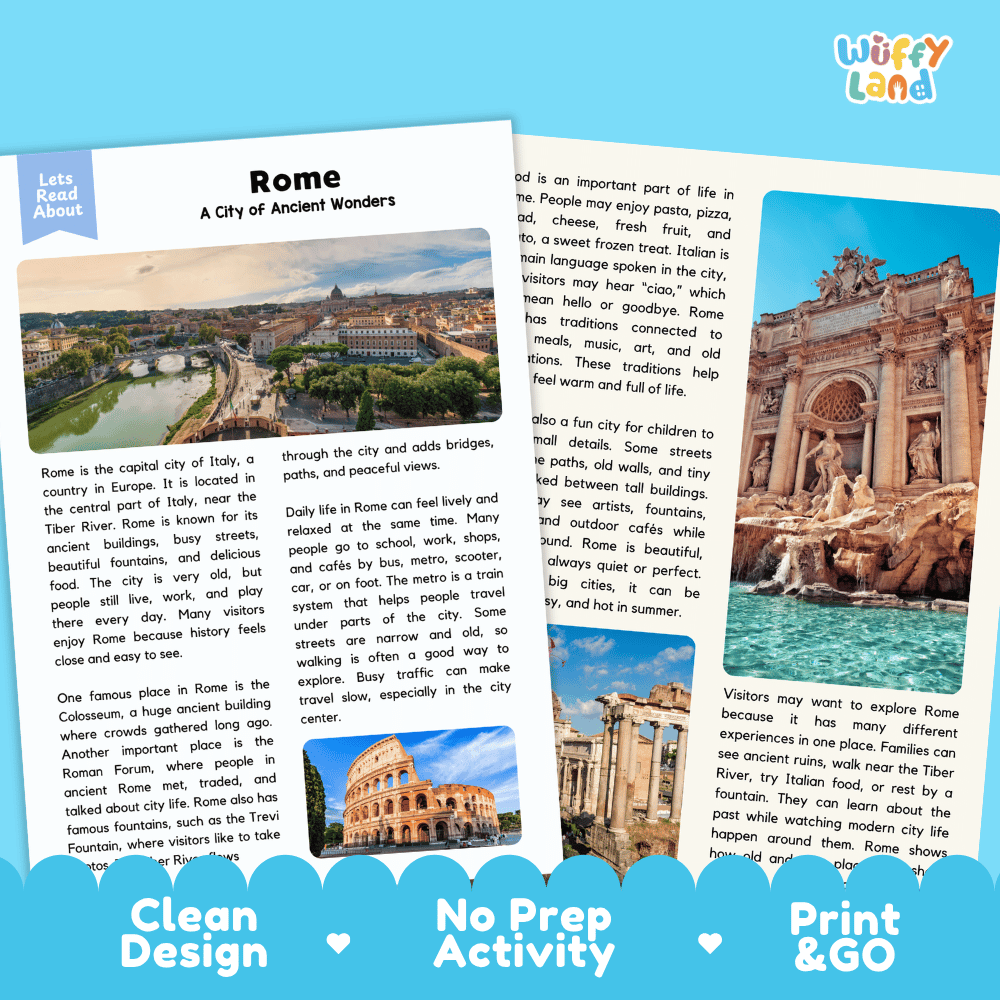 Reference sheet and answer key for Rome landmark reading passage displaying completed comprehension answers and European geography facts