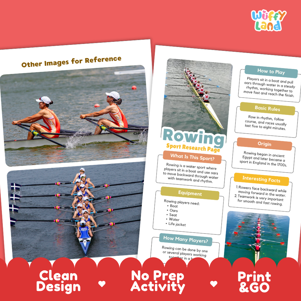 A promotional graphic for a rowing-themed educational poster or booklet. The design shows two printed panels with rowing photos and text blocks about how to play, basic rules, origin, equipment, and interesting facts.