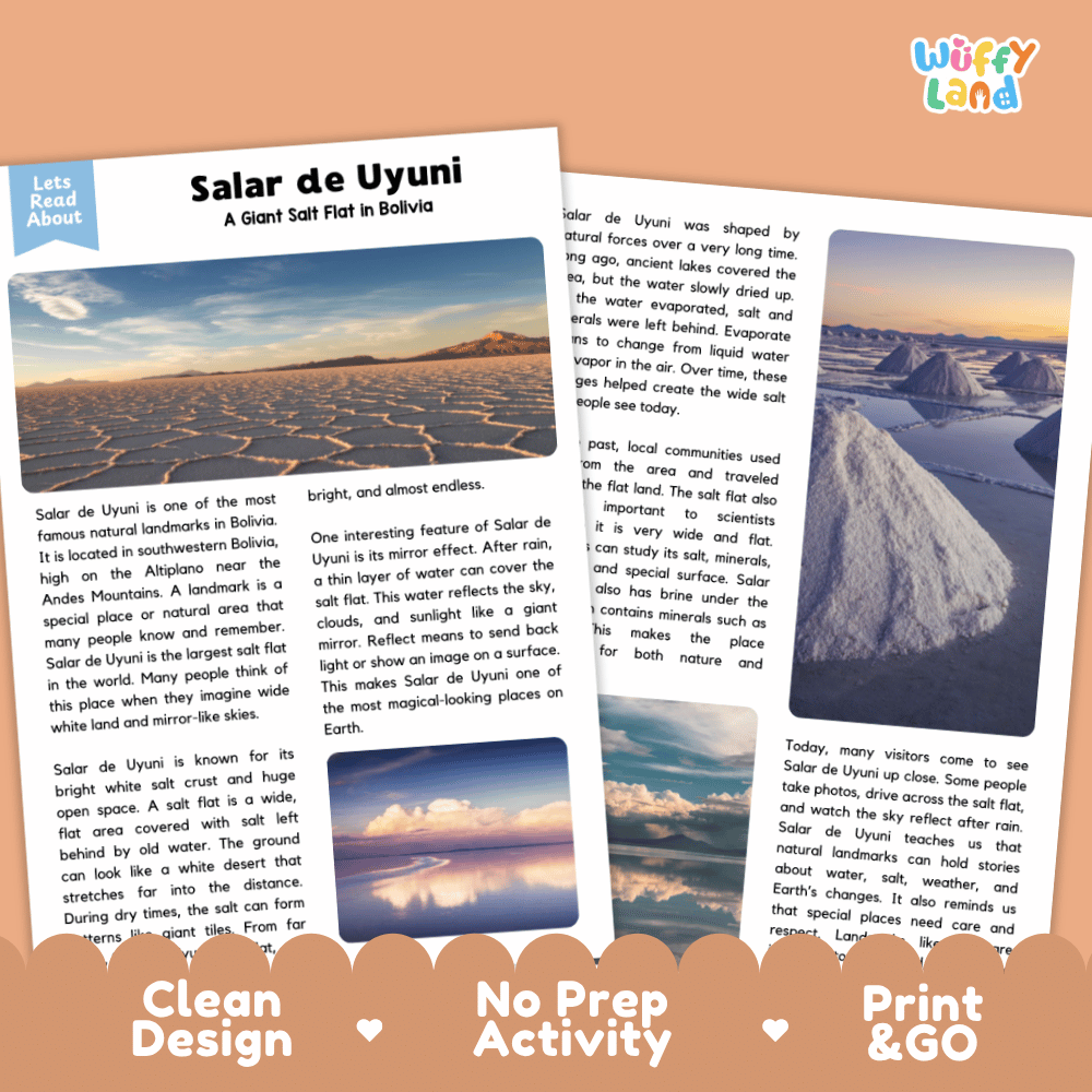 Salar de Uyuni Landmark Reading Passages and Comprehension Worksheets