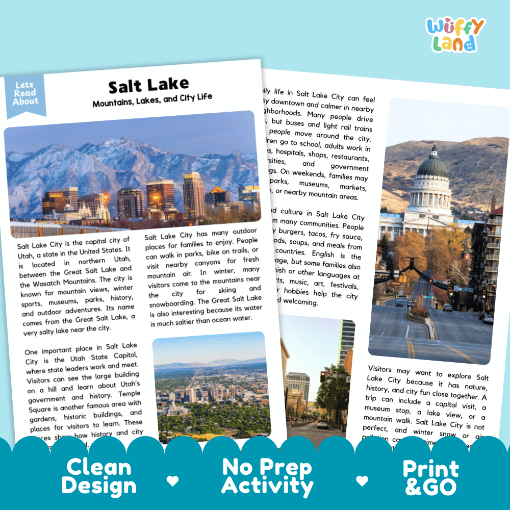 Reference sheet and answer key for Salt Lake City landmark reading passage displaying completed comprehension answers and United States geography facts
