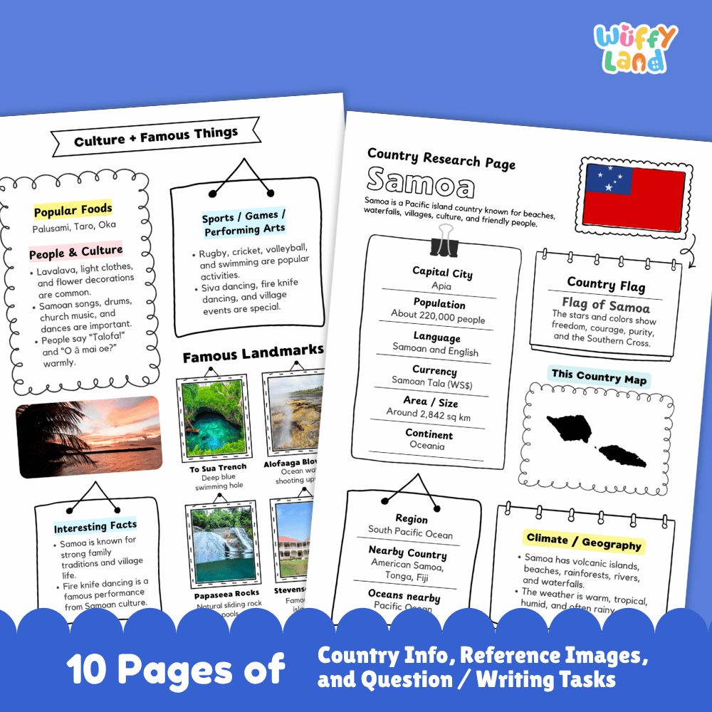 Samoa Country Research Project Worksheets and Activity Pages
