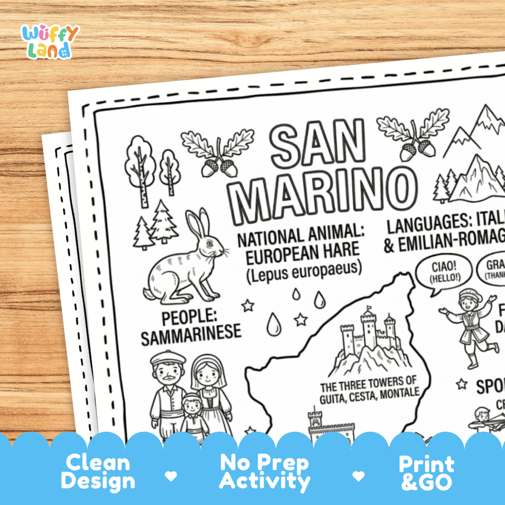 Cultural coloring page featuring traditional Sammarinese attire, stone carving craft, ceramics, and Ciao greeting speech bubbles