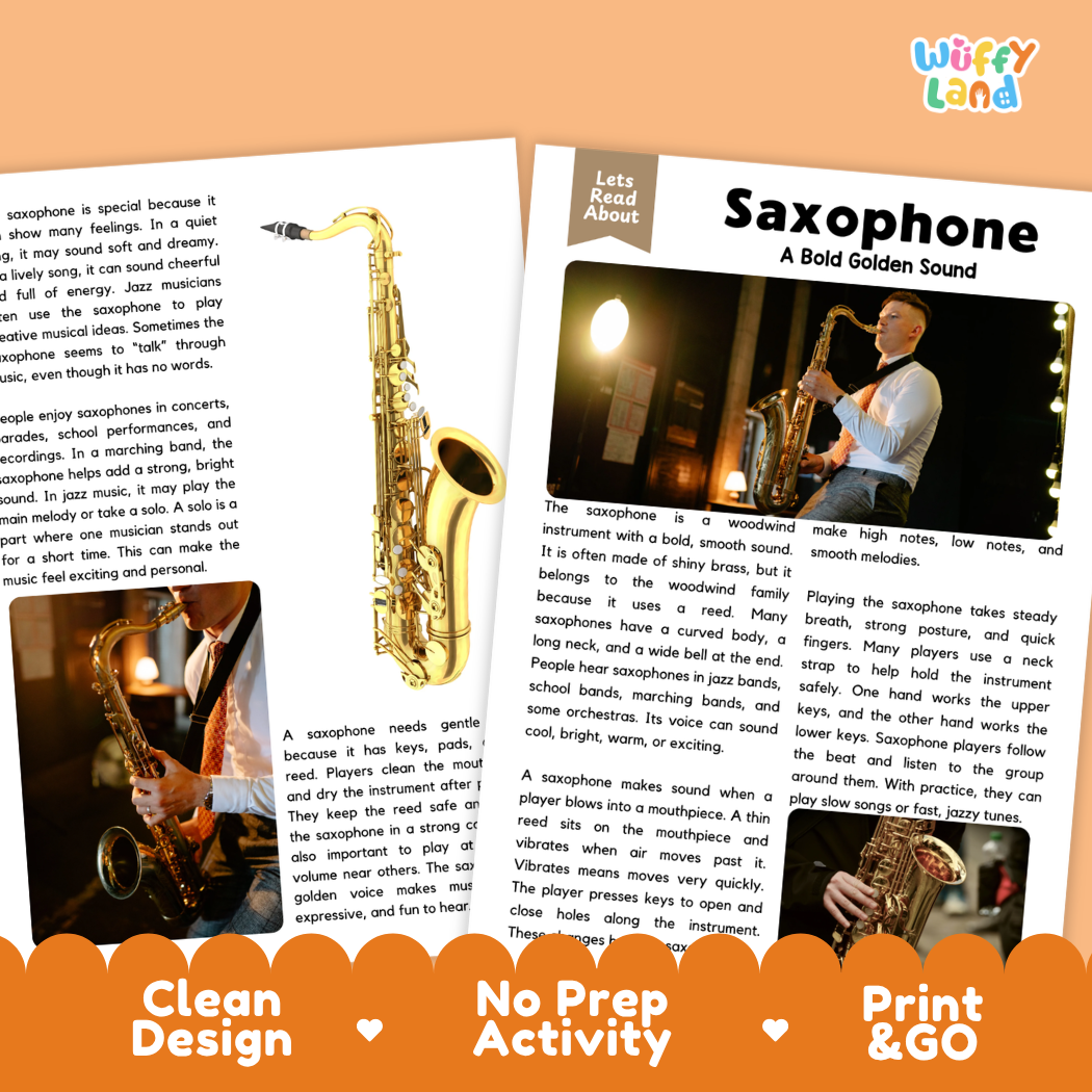 Teacher answer key page showing complete question solutions for Saxophone music education reading comprehension practice