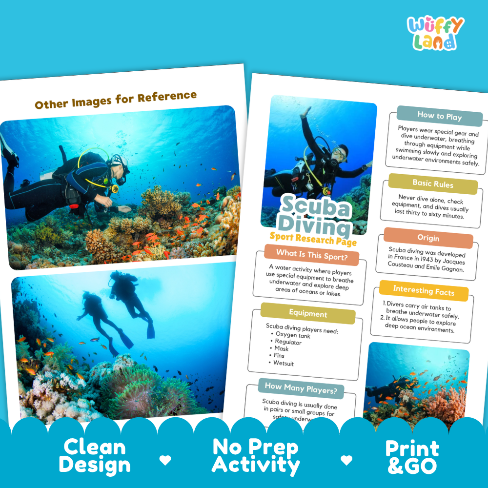 Scuba Diving Water Sport Research Project Worksheets and Fact Sheet