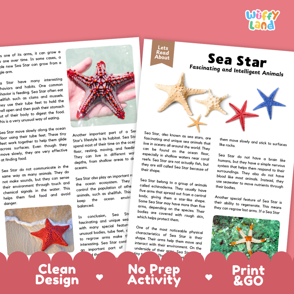 Sea Star Reading Passage and Comprehension Questions Worksheets
