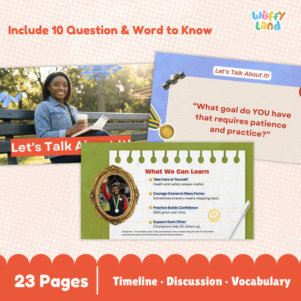 Promotional graphic for a children's educational workbook titled 'What We Can Learn' by Wuffy Land. The image shows the cover design with a green border, a decorative portrait frame, and text about 23 pages, timeline, discussion, and vocabulary.