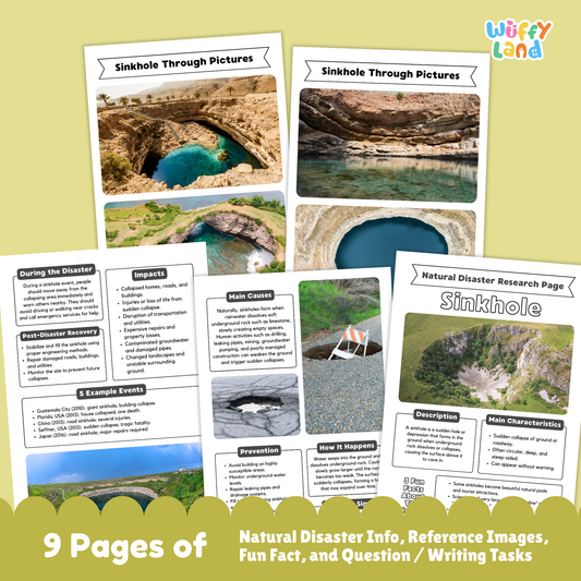 Printable sinkhole research project for students featuring a main sinkhole information page, real sinkhole photo examples, characteristics and descriptions, causes and prevention sections, impacts and recovery worksheets, and guided research templates designed for elementary and middle school learners.