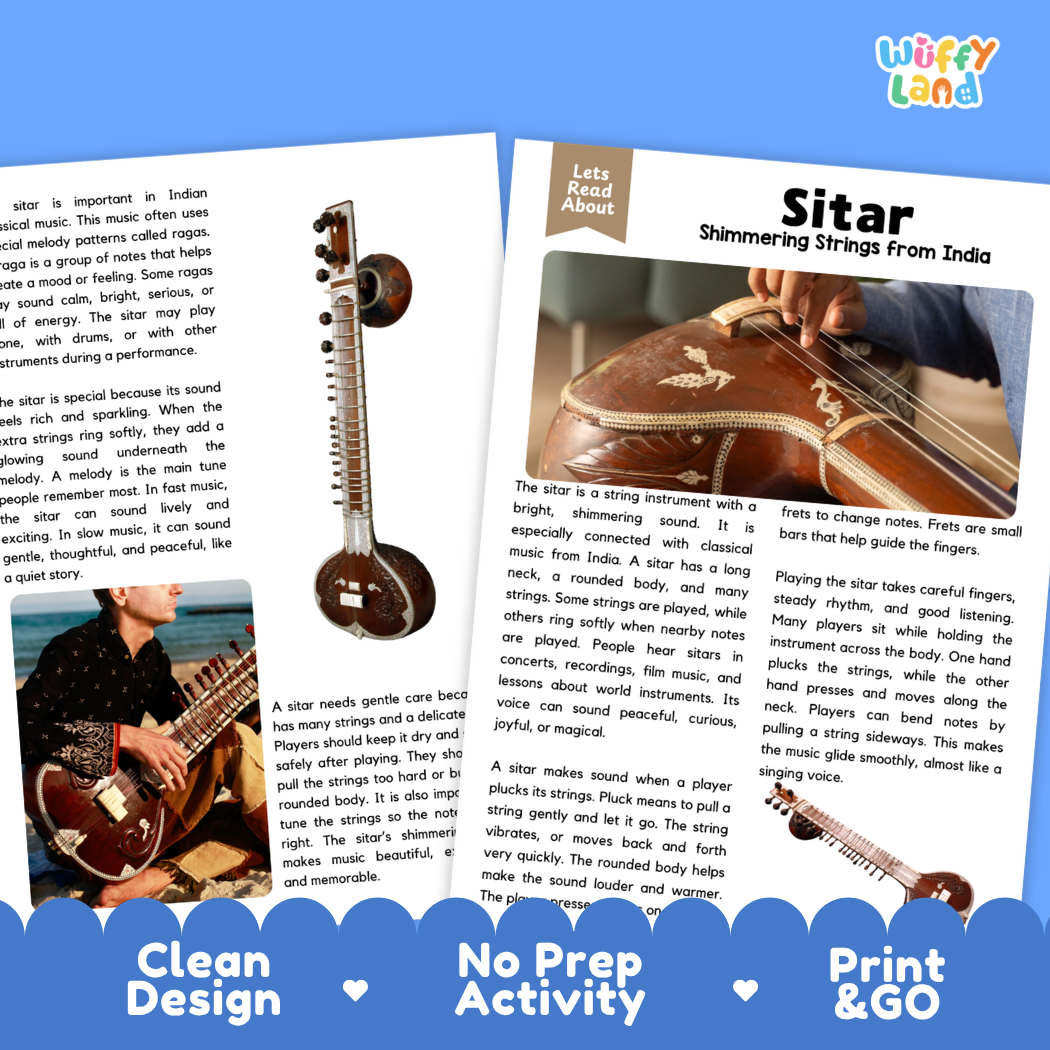 Teacher answer key page showing complete question solutions for Sitar music education reading comprehension practice