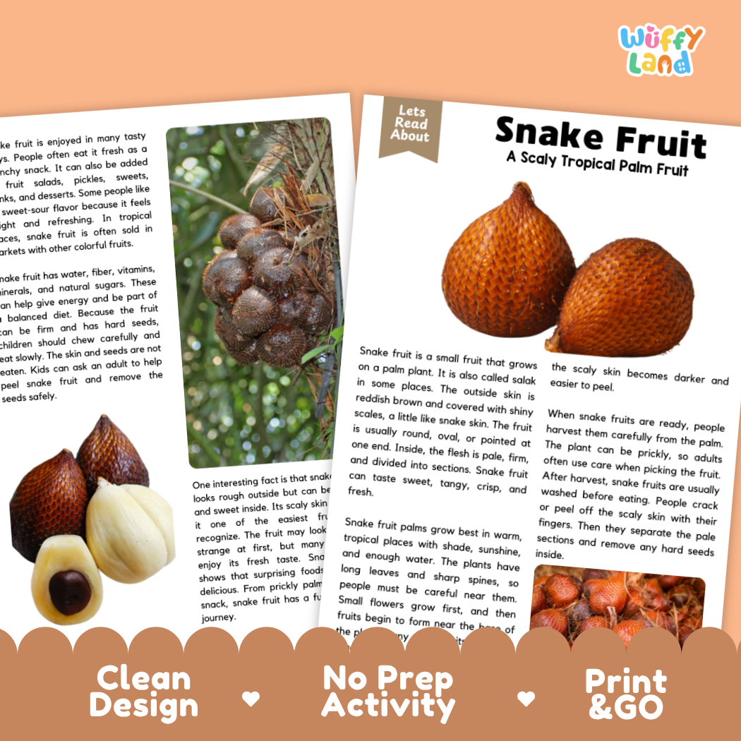 Teacher answer key page showing complete question solutions for Snake Fruit nature and science reading comprehension practice