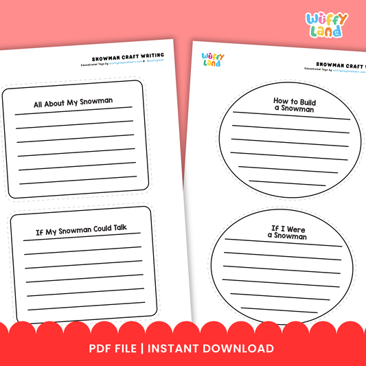 Printable snowman writing craft featuring a snowman outline with writing lines, a “If My Snowman Could Talk” writing prompt sheet, and cut-out pieces such as a hat, eyes, nose, and accessories for kids to assemble and decorate