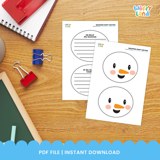 A printable snowman writing craft for kids featuring a snowman body with lined writing space, a separate writing prompt sheet titled “If My Snowman Could Talk,” and cut-and-paste accessories including a hat, eyes, carrot nose, bow, arms, and crayons