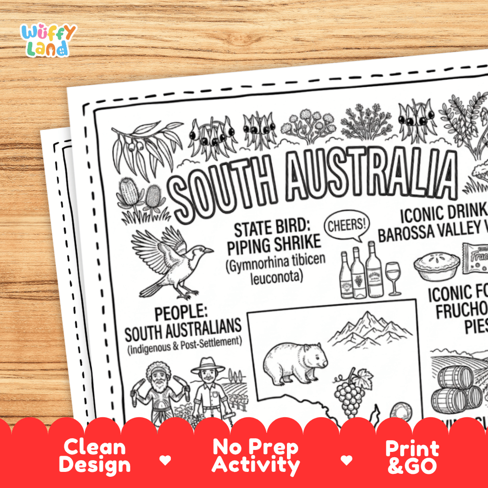 Cultural coloring page featuring Aboriginal boomerangs, Coober Pedy opal cutting, Fruchocs treats, and Cheers greeting