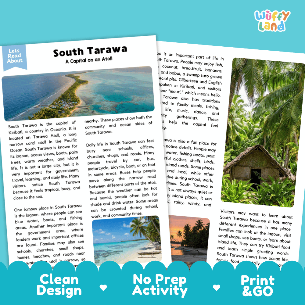 Reference sheet and answer key for South Tarawa landmark reading passage displaying completed comprehension answers and Pacific geography facts