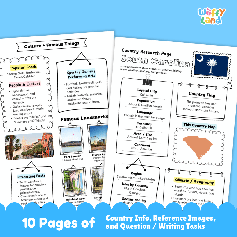 South Carolina Country Research Project Worksheets and Activity Pages