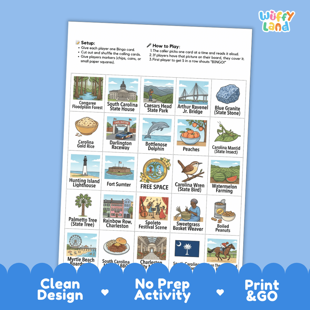 South Carolina Geography BINGO Game Palmetto State Activity Printable Boards