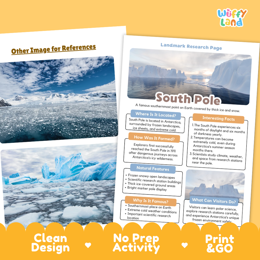 An educational activity sheet titled 'Landmark Research Page: South Pole' shown alongside a reference photo of icy polar landscapes. The sheet includes text boxes about location, formation, natural features, and visitor information.