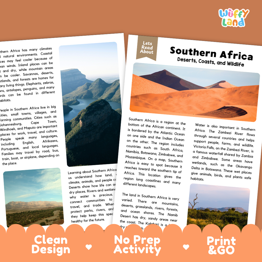 Teacher answer key page showing complete question solutions for Southern Africa reading comprehension practice