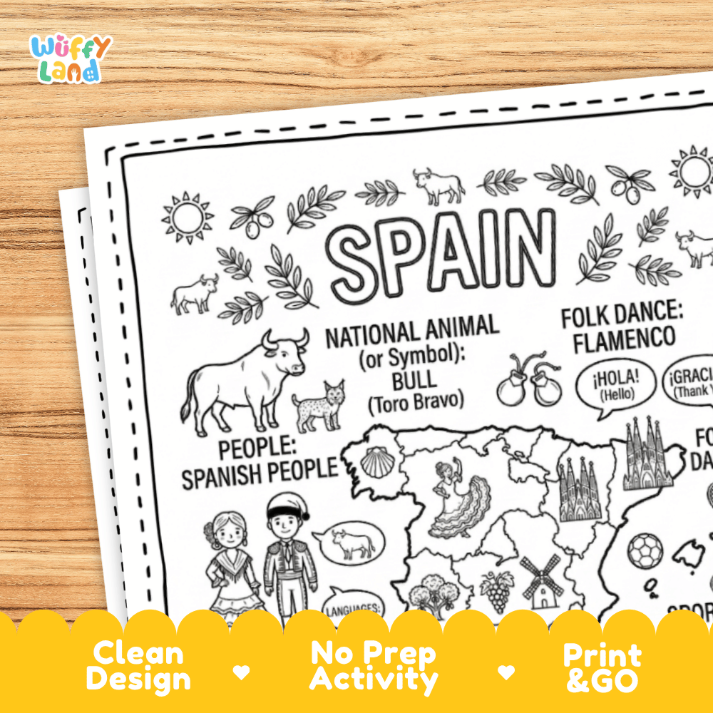 Cultural coloring page featuring traditional Flamenco dress, Spanish guitar, Toledo steel crafts, and Hola greeting speech bubbles