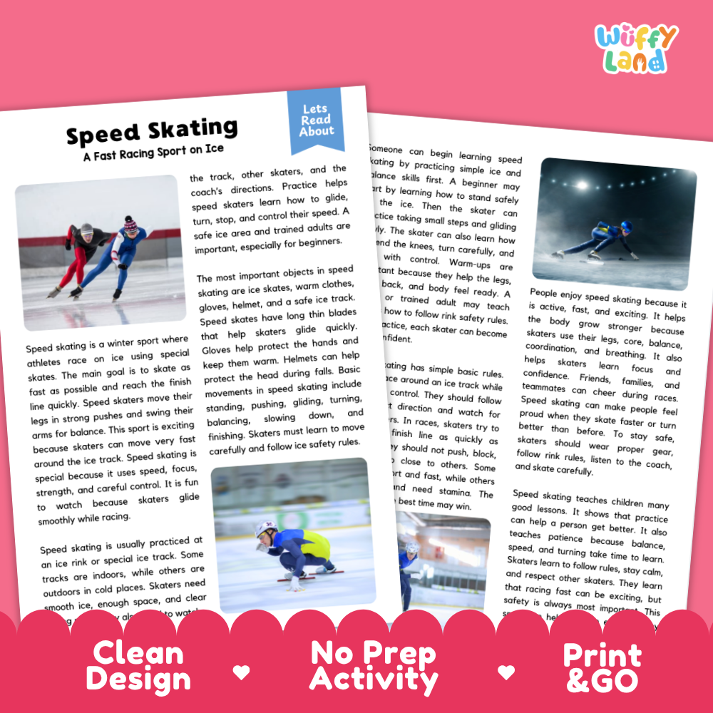 Two printed activity cards about speed skating, laid flat on a white background with a soft shadow. The cards feature a large photo of a speed skater on ice, descriptive text, and decorative accents.
