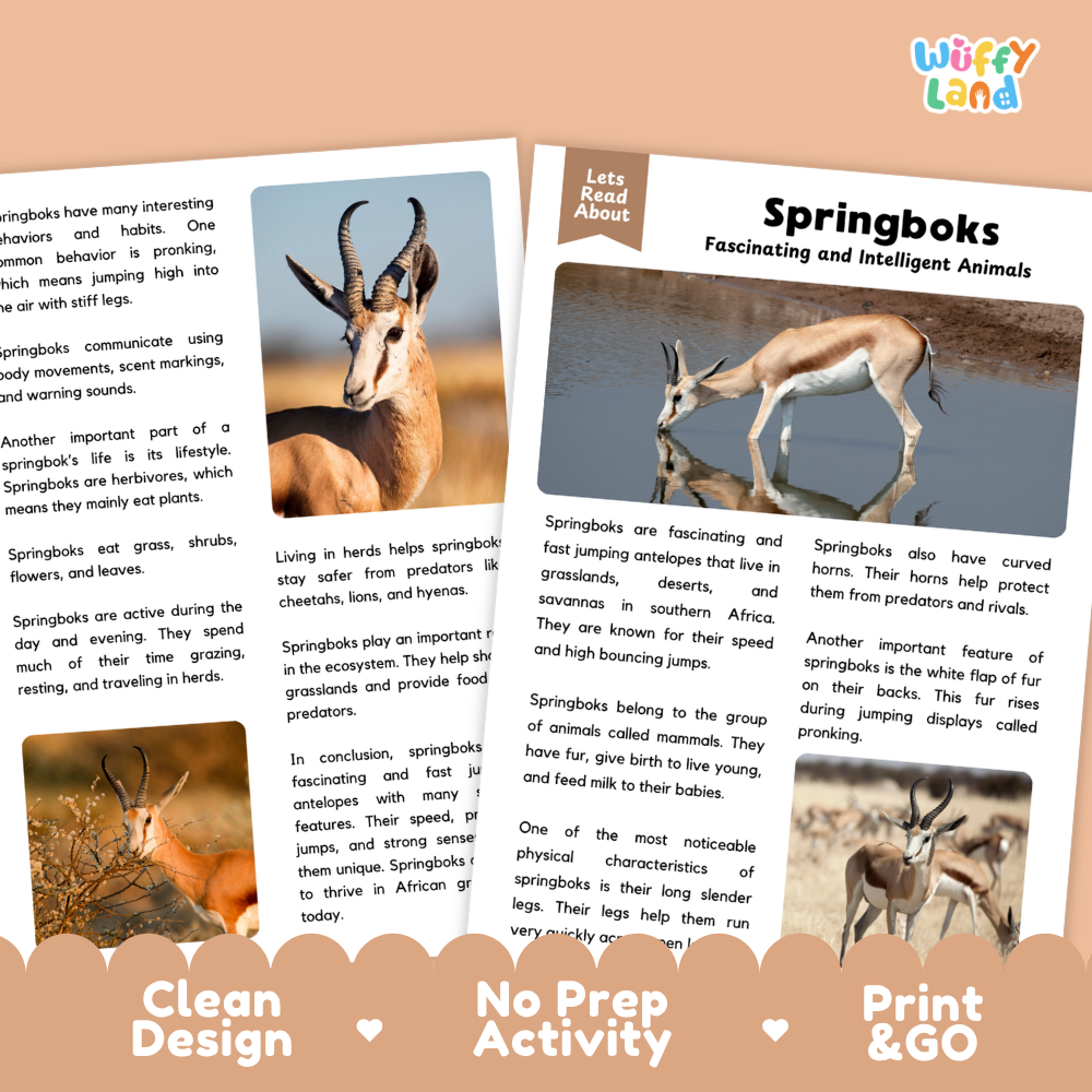 Springbok Reading Passage and Comprehension Questions Worksheets