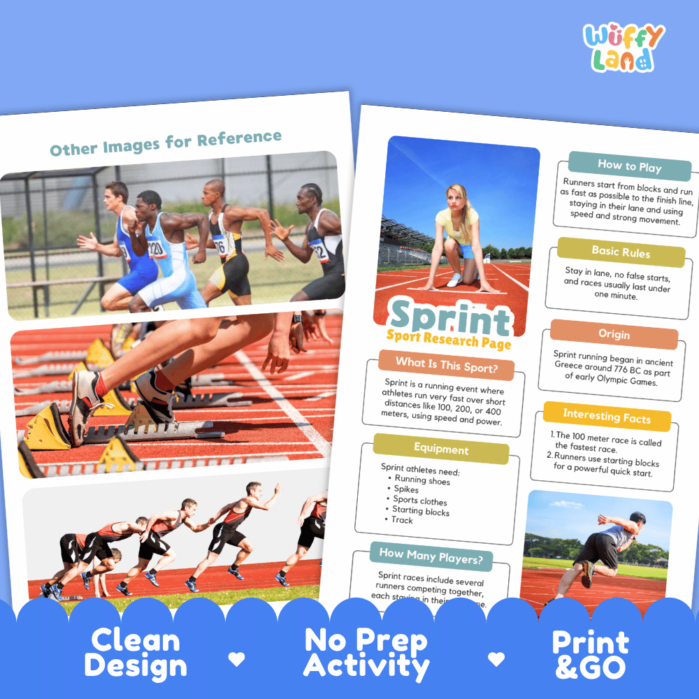 Sprint Sport Research Project Worksheets and Fact Sheet
