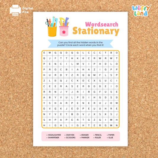 A colorful educational word search puzzle titled "Stationary Word Search," designed for children. The left side shows the puzzle in full color, while the right side displays a grayscale version labeled "with answer key." The puzzle grid contains hidden words related to stationary items, including highlighter, sharpener, stapler, eraser, crayon, scissors, notebook, ruler, pen, pencil, paper, and glue. A playful and engaging activity to boost vocabulary and spelling skills.