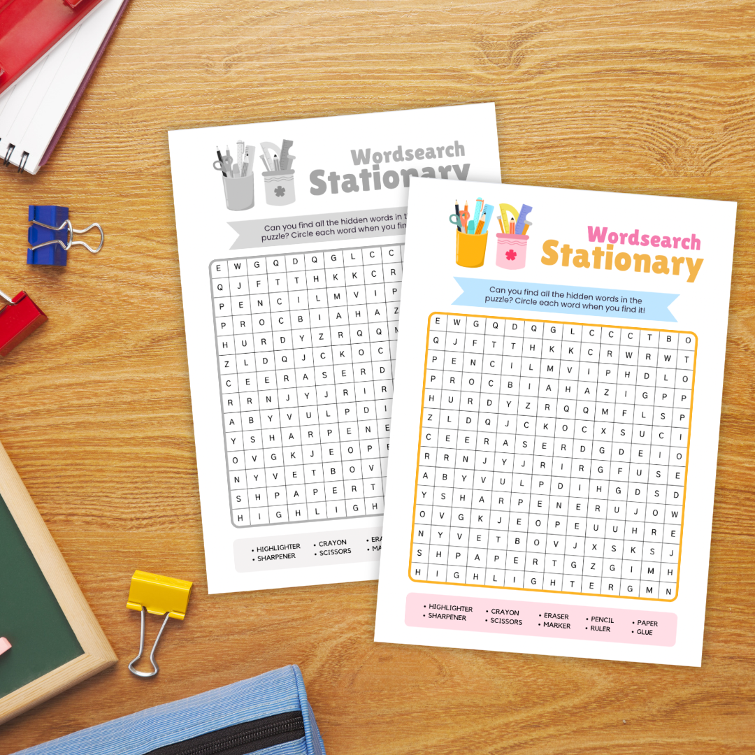 A colorful educational word search puzzle titled "Stationary Word Search," designed for children. The left side shows the puzzle in full color, while the right side displays a grayscale version labeled "with answer key." The puzzle grid contains hidden words related to stationary items, including highlighter, sharpener, stapler, eraser, crayon, scissors, notebook, ruler, pen, pencil, paper, and glue. A playful and engaging activity to boost vocabulary and spelling skills.