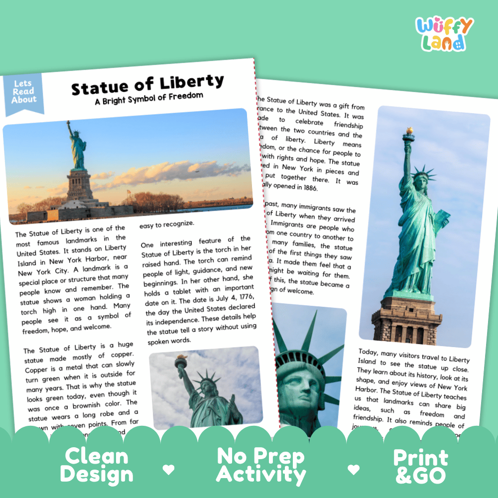 Statue of Liberty Landmark Reading Passages and Comprehension Worksheets