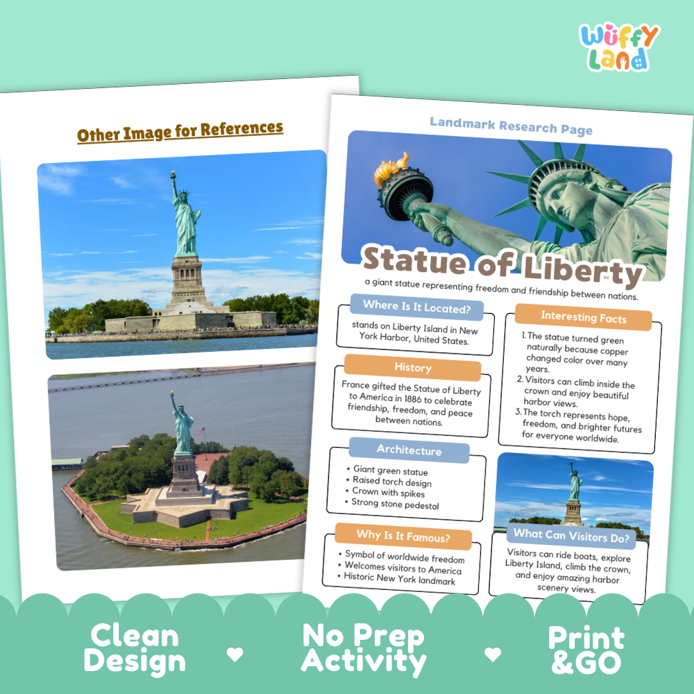 Educational poster and worksheet set about the Statue of Liberty, shown on a light teal background. The right sheet is a 'Landmark Research Page' with text sections and a large Statue of Liberty photo, while the left sheet says 'Other Image for References' and includes a photo of the statue.