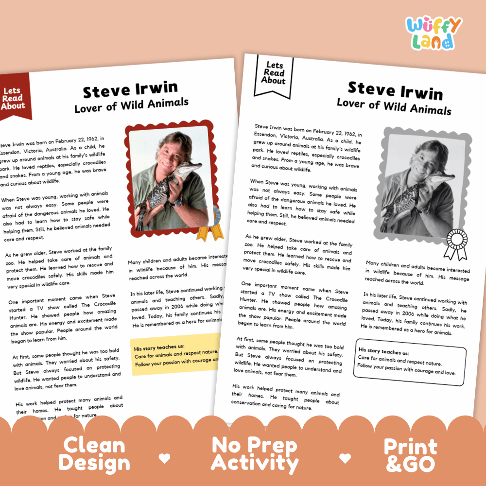 Steve Irwin Biography Reading Passage and Writing Activity Worksheets