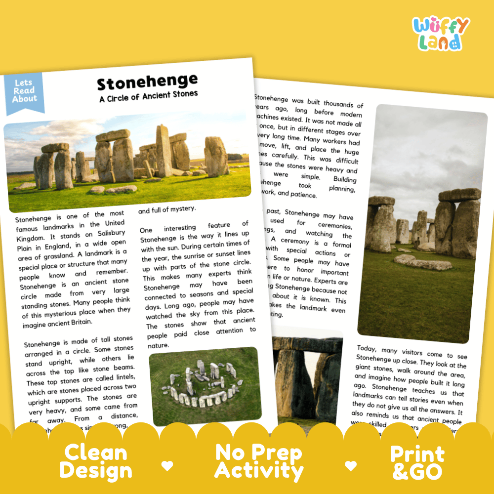 Two printed activity sheets for a children's outdoor reading and writing activity about Stonehenge, shown on a light gray background with a blue 'Wuffly Land' logo banner. The left sheet has a photo of Stonehenge and the title 'Stonehenge'; the right sheet contains text about the site.