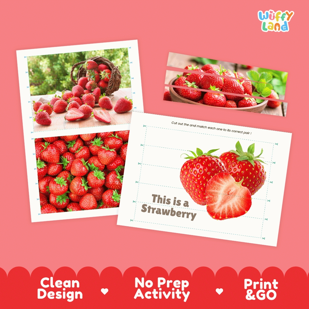 Strawberry Cut and Match Activity Worksheets | Nuts and Dried Fruits Puzzle Printables