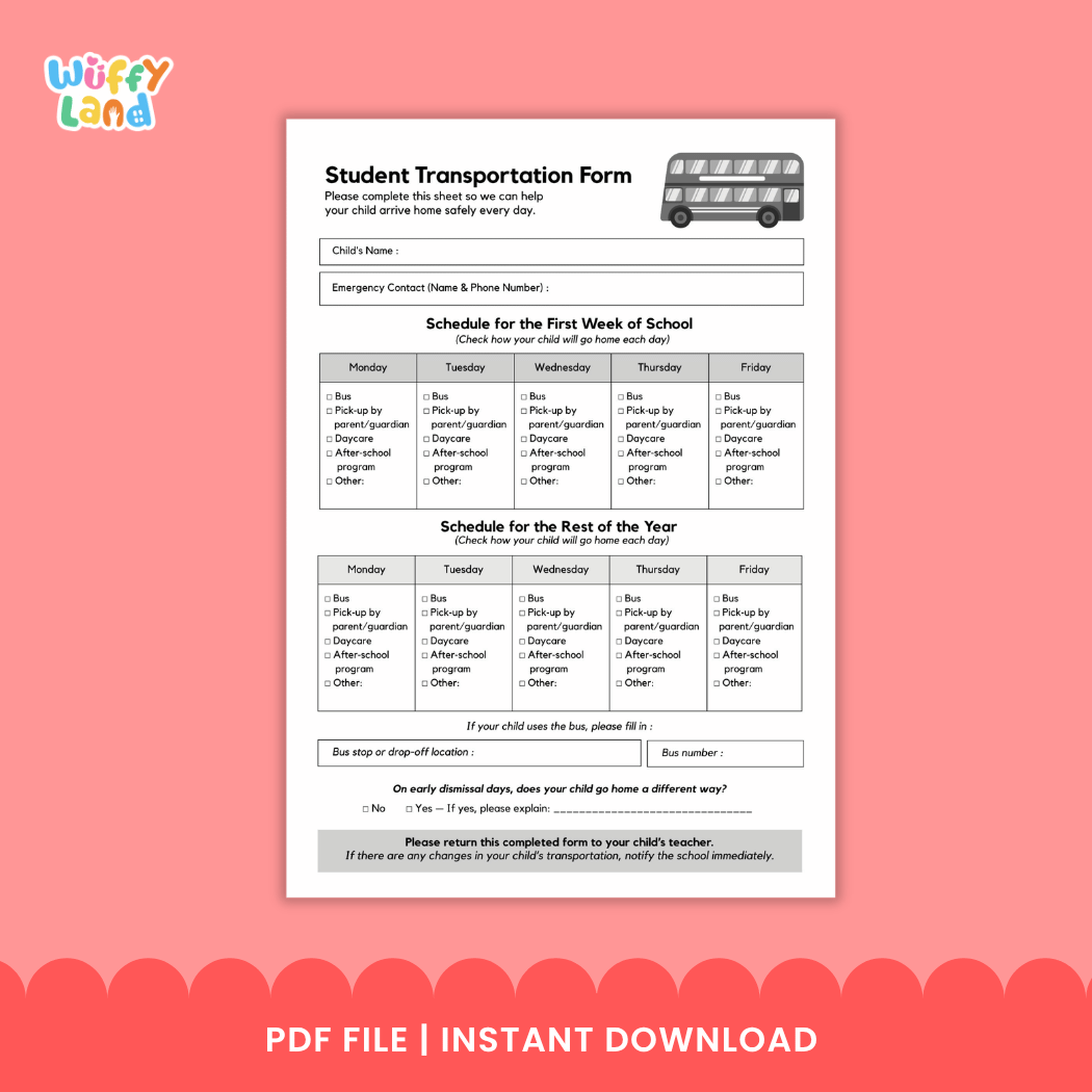 Student Transportation Form Back to School Dismissal Forms Printable