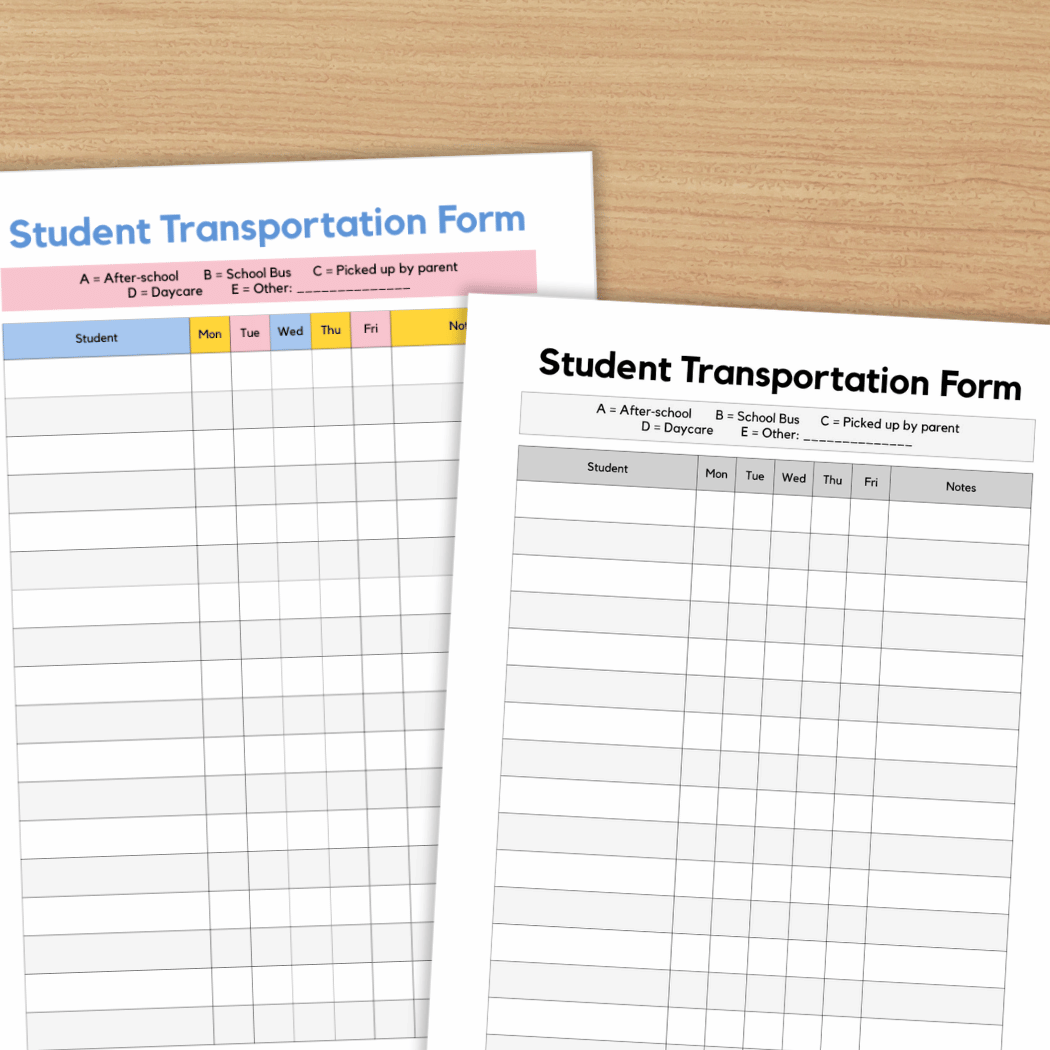 Student Transportation Form Back to School Dismissal Roster Printable Chart