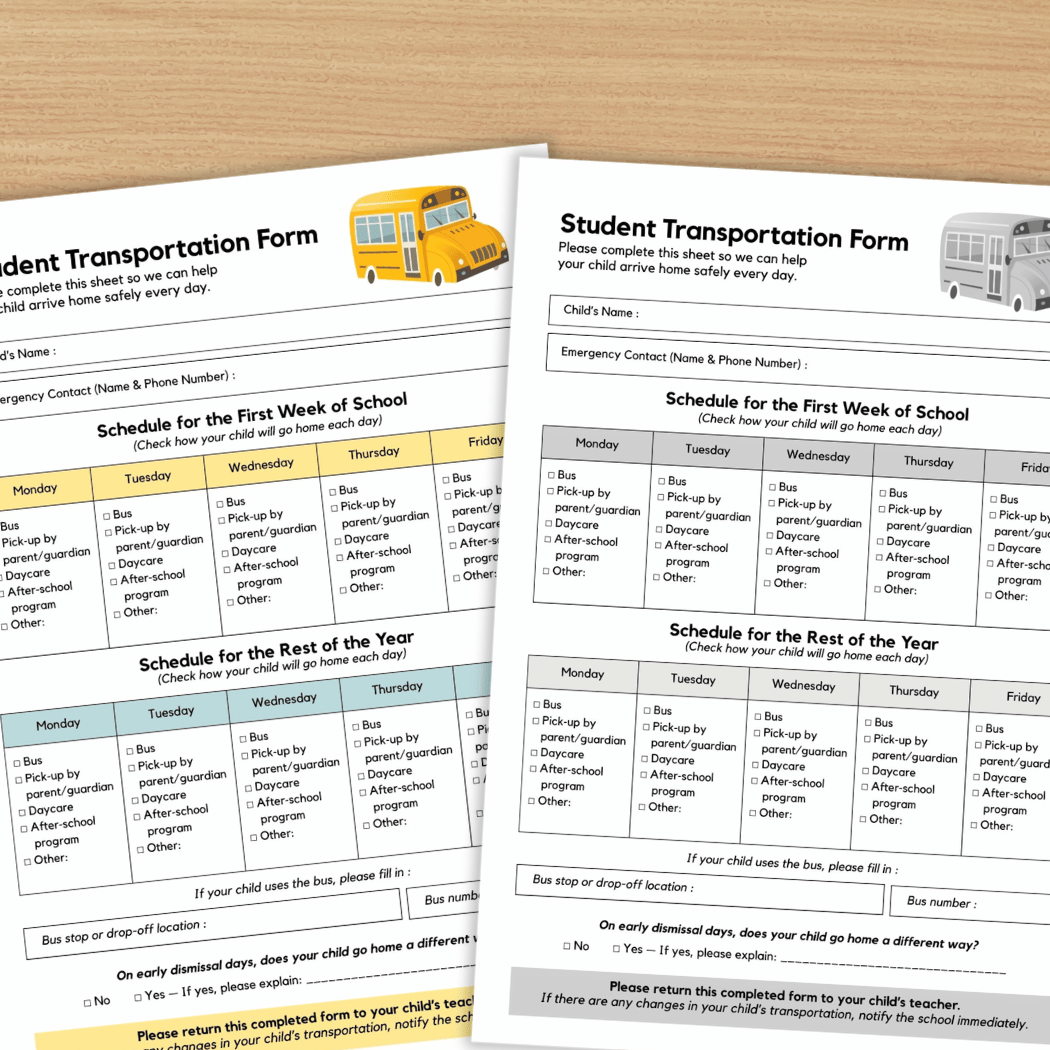 Student Transportation Form Back to School Dismissal Routine Printable Sheet