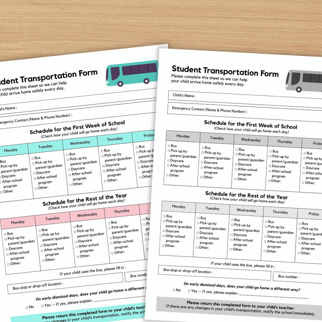 Student Transportation Form Back to School Dismissal Routine Printable Sheet