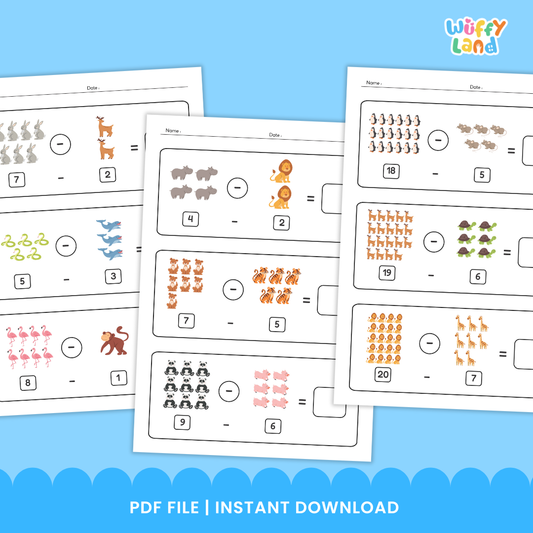 Set of printable worksheets titled “Subtraction Animal Worksheet” on a wood background. Each page shows subtraction problems using groups of animals—tigers, birds, hedgehogs, horses, giraffes, chameleons, zebras, frogs, penguins, and crocodiles—with numerals beneath (e.g., 15–7, 10–3, 11–2) and blank boxes for students to write the answers. Designed for early learners to practice subtracting with pictures